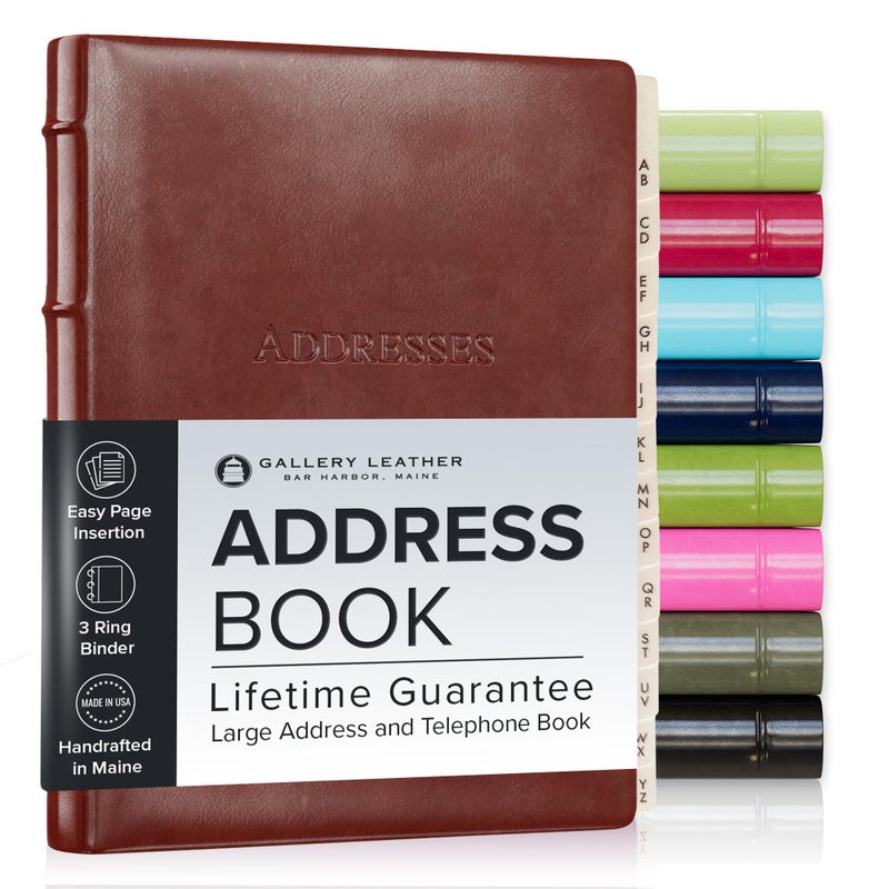 Gallery Leather Large Address Book with Alphabetical Tabs up to 480 records, Leather Notebook Hardcover, Telephone and Address Books - 9x7, Desk Address, Acadia Tan - Image 1